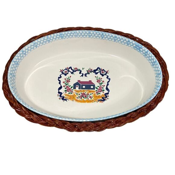 VTG Teamson 1995 Oval Stoneware Ceramic Casserole Dish with Wicker Serving Baske - Picture 1 of 4